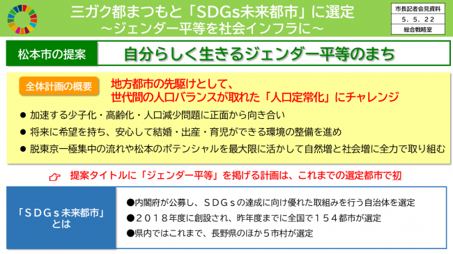 三ガク都まつもと「SDGs未来都市」に選定　～ジェンダー平等を社会インフラに松本市の提案