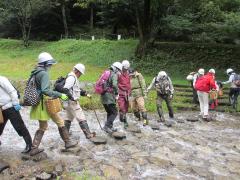 置き石を利用して牛伏川を渡る参加者